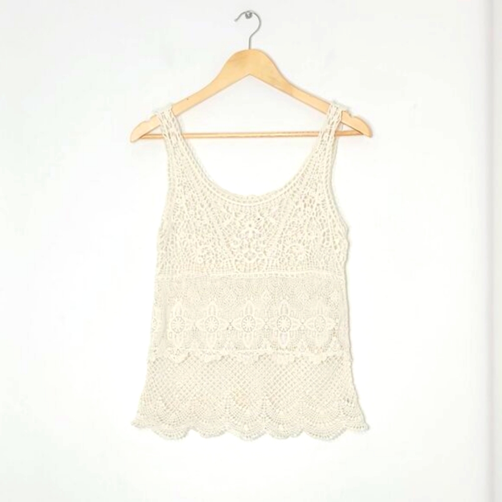 Unbranded Off White 100% Cotton Blend Lace Floral Sleeveless Crochet Tank Top